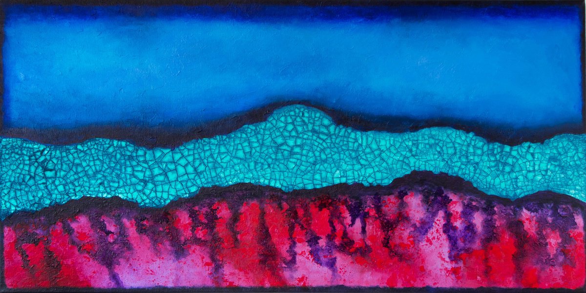 Abstract Landscape Acrylic Painting By Stefan Fierros, 36 X 18", Merging Worlds - 3, Original Artwork