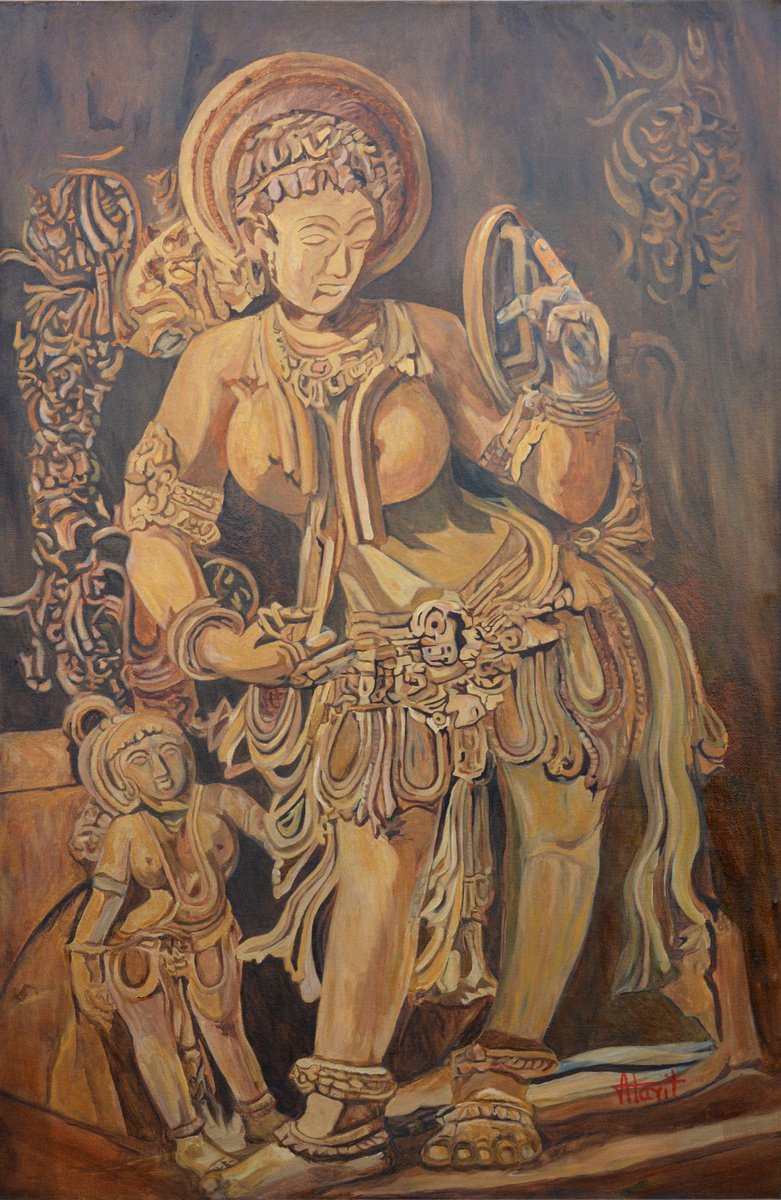 Photorealistic Still Life Oil Painting By Ajay Harit, 29 X 45, Lady With Mirror, Original Artwork