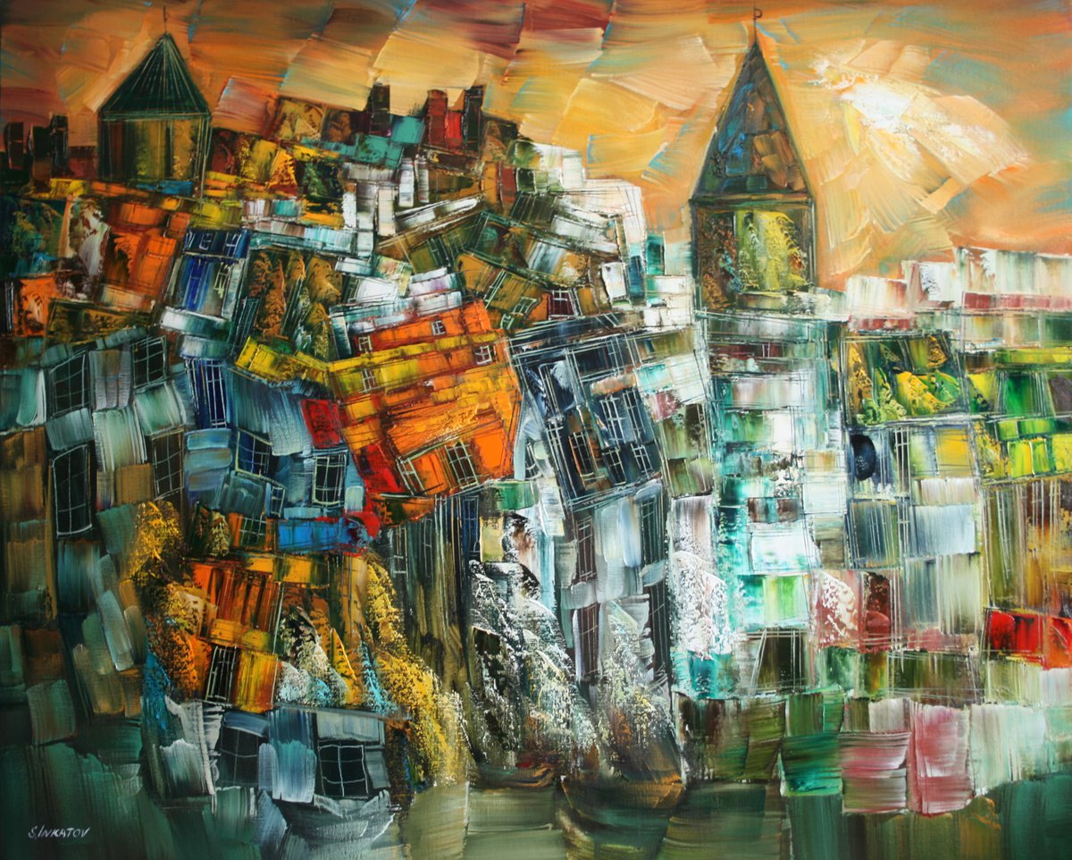 Abstract Oil Painting By Sergei Inkatov, 47 X 35", Chronicle Of The City, Original Artwork