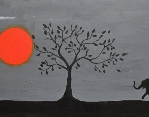 original abstract animal art acrylic original landscape african "elephant sunset" africa animal painting art canvas animal art - 121 x 40 cm by Stuart Wright