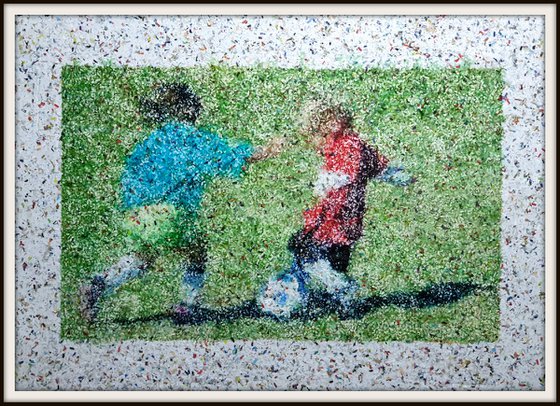 Team 3 - (n.501) - "I love football" series - Acrylic painting on shredded paper on wood