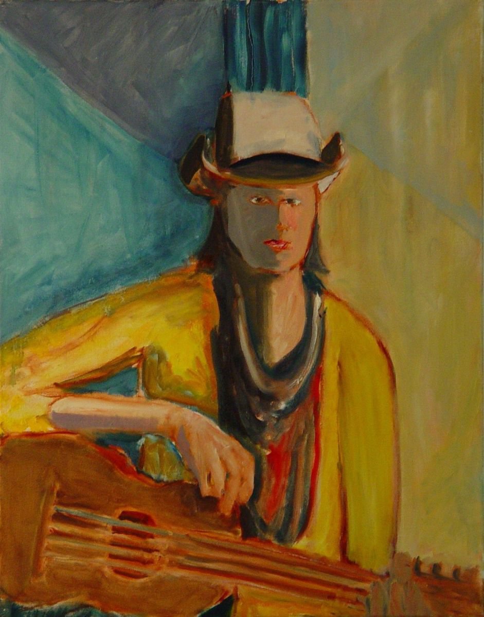 Abstract Portrait Oil Painting By Leon Sarantos, 22 X 28", Cowgirl With Guitar, Original Artwork