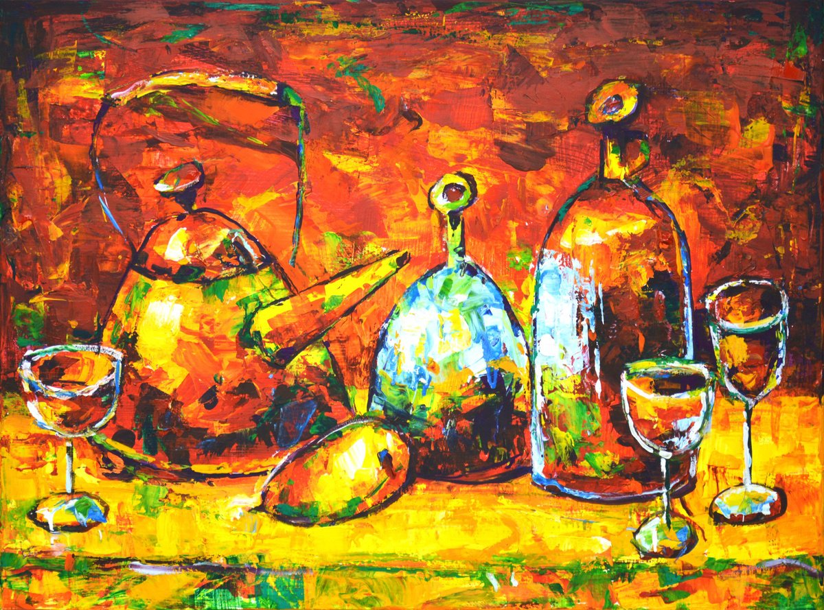 Expressive Still Life Acrylic Painting By Iryna Kastsova, 31 X 24, Evening Still Life 2., Original Artwork