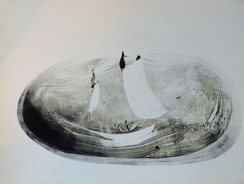 Little boat in the sea, monoprint 65x50cm by Frederic Belaubre