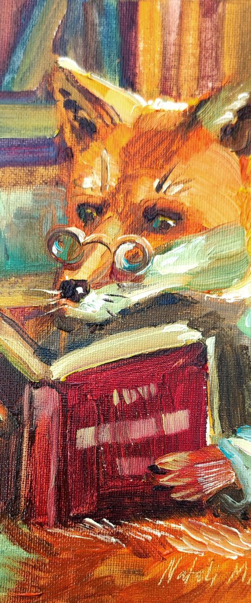 Fox is Reading a Book. Oil Painting by Natalia Miasnikova