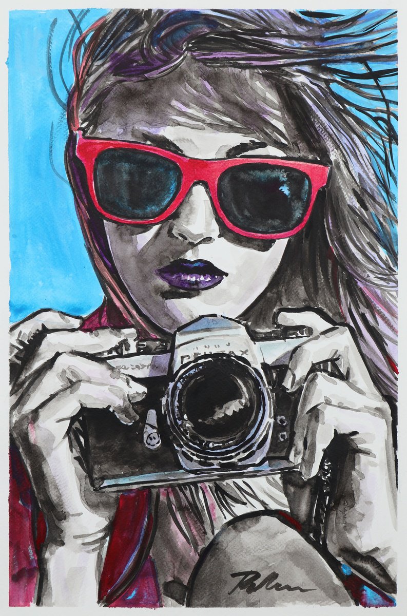 Urban And Pop Portrait Ink Drawing By Tashe, 12 X 18", Click In Style, Original Artwork