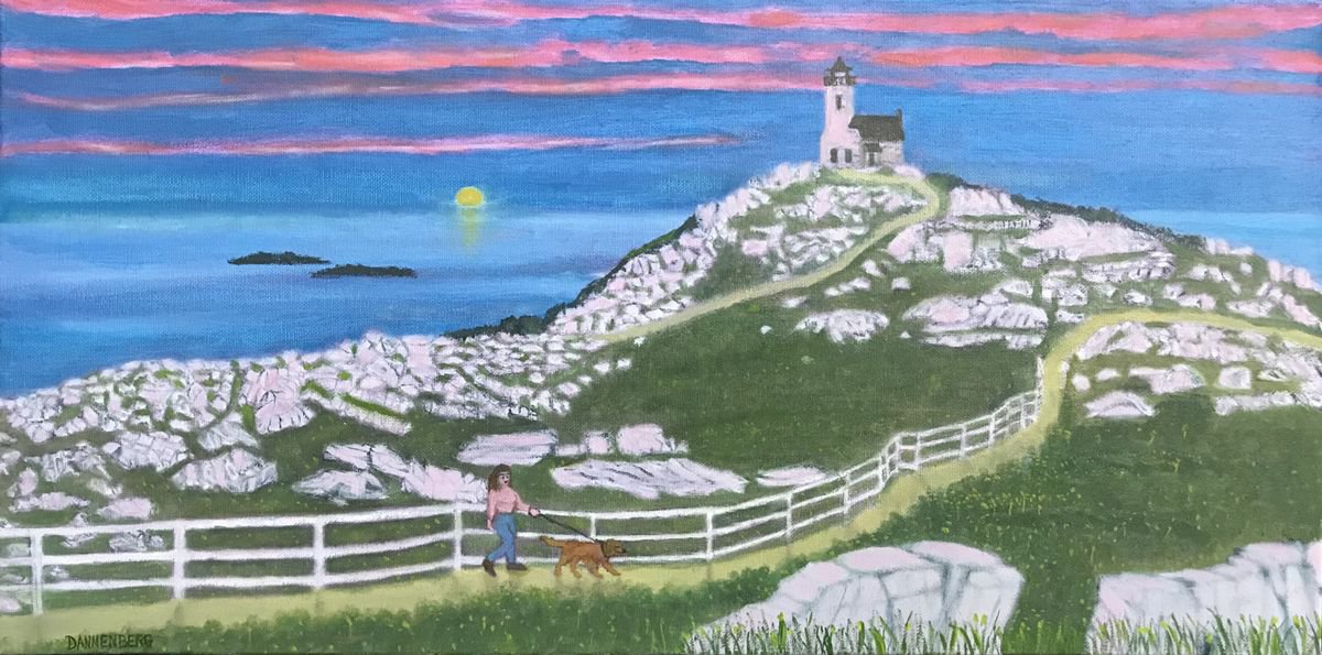 Impressionistic Landscape Oil Painting By Leslie Dannenberg, 24 X 12", Rocky Ridge Lighthouse, Original Artwork