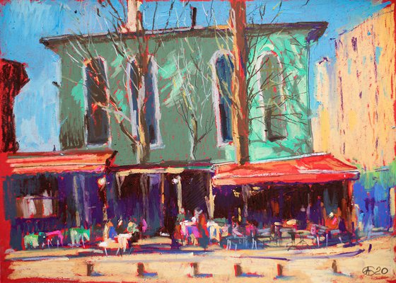 Istanbul cafe. Oil pastel painting. small colorful turkey turquoise interior decor street urban