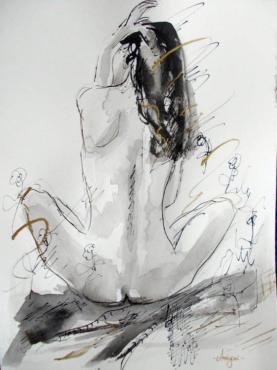 Woman  Nude ink drawing series-Figurative drawing on paper