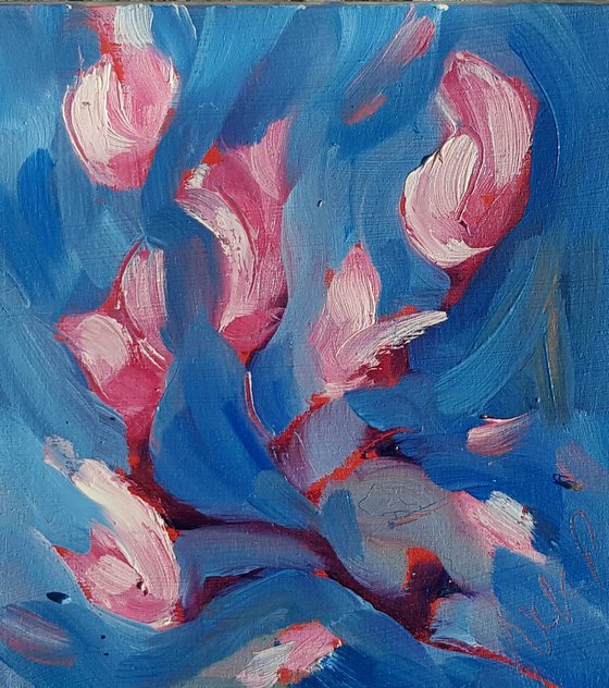 Pink Magnolias dance in a blue sky