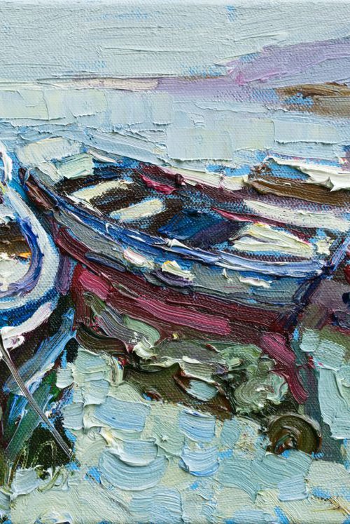 Moored rowing boats - Original oil seascape painting by Anastasiia Valiulina