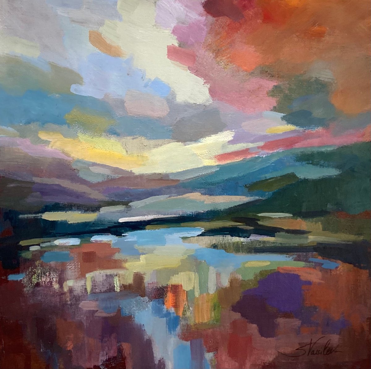 Expressive Abstract Acrylic Painting By Silvia Vassileva, 24 X 24", Crimson Sky, Original Artwork