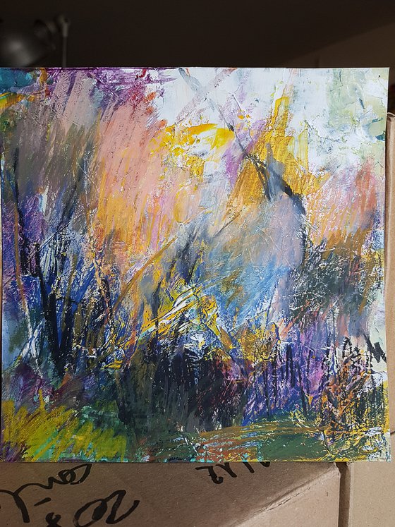 Les brumes acérées - modern abstract contemporary landscape - mixed media on paper - small size affordable decorative home design interior decor