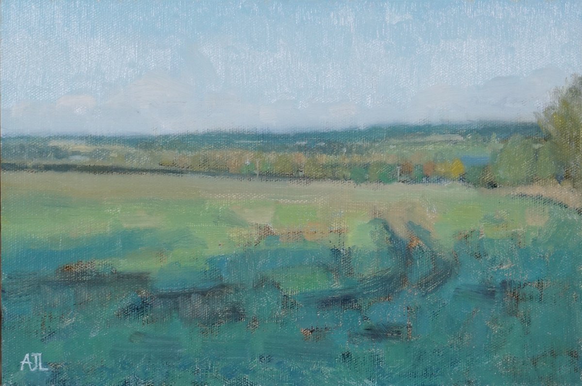 Impressionistic Landscape Oil Painting By Alex James Long, 12 X 8, Autumn Fields, Windrush Valley, Original Artwork
