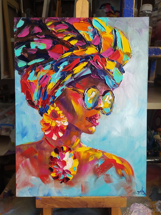 On a sunny day - portrait, oil painting, Africa, woman portrait, african woman, turban, woman, glamor, woman face, face oil painting