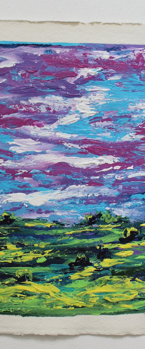 Violet sky - Impressionistic Magical Landscape acrylic painting on Handmade Paper - palette knife artwork by Vikashini Palanisamy