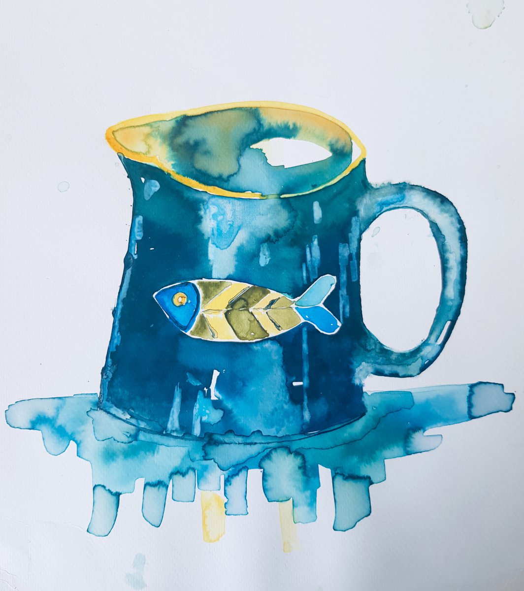 Blue Jug with Fish by Bee Inch
