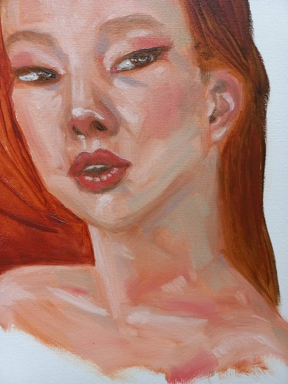 Asian woman portrait. Etude style. 38 x 27 cm/ 15 x 10.6 in