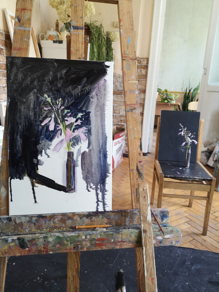 Impressionistic Still Life Oil Painting By Olga Samar, 12 X 18", Hosta. Army Cartridge Case., Original Artwork