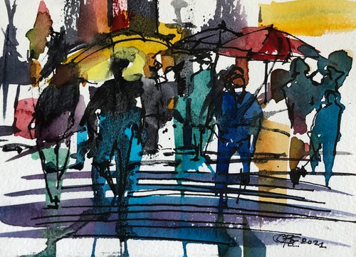 Set of 4 sketches “People on zebra crossing” by Olga Beloborodova