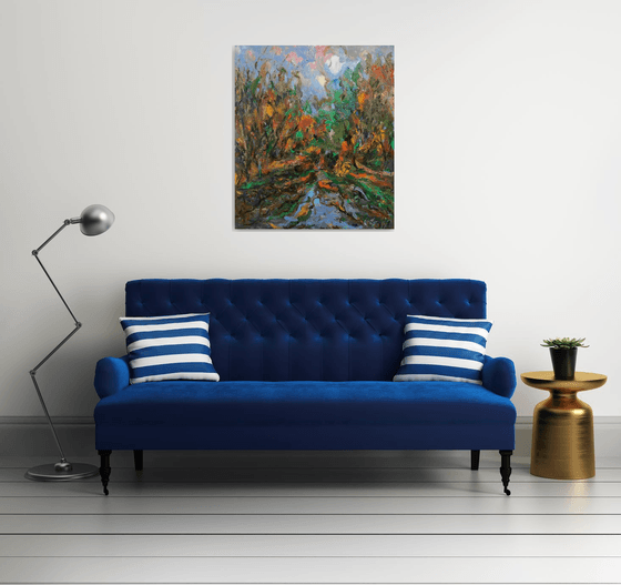 AUTUMN IN MOSCOW - landscape art, original painting oil on canvas, waterscape, pond fall, home decor