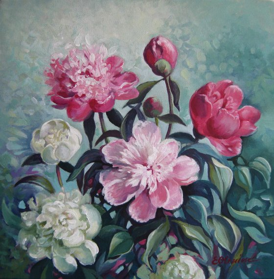 Peonies season - Floral art, Acrylic, 40x40 cm