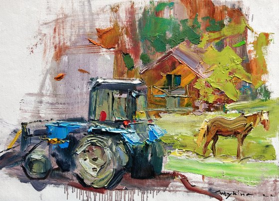 Moments of walk in village | Rural landscape with a horse , tractor and a house | Original oil painting