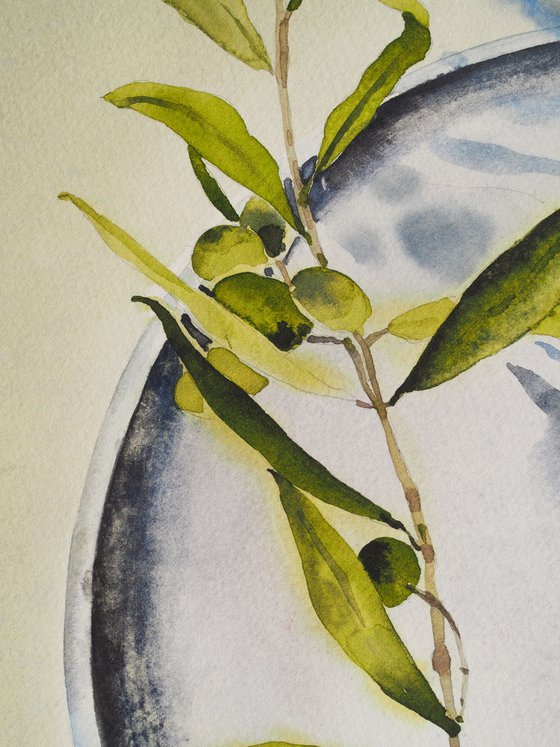 The olives branch - original watercolor gray and green - light and sunny