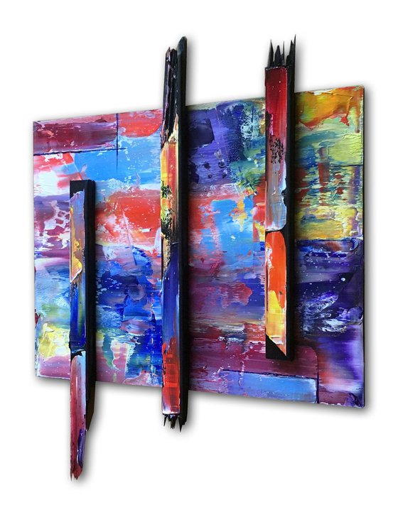 "Block Out" - Original Three-Piece Assembled PMS Mixed Media Sculptural Painting On Wood, Framed -  40 x 48 inches