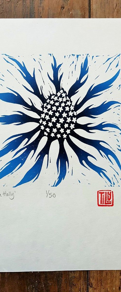 Sea Holly, Prussian blue Lino print, lino cut by Tilly Print