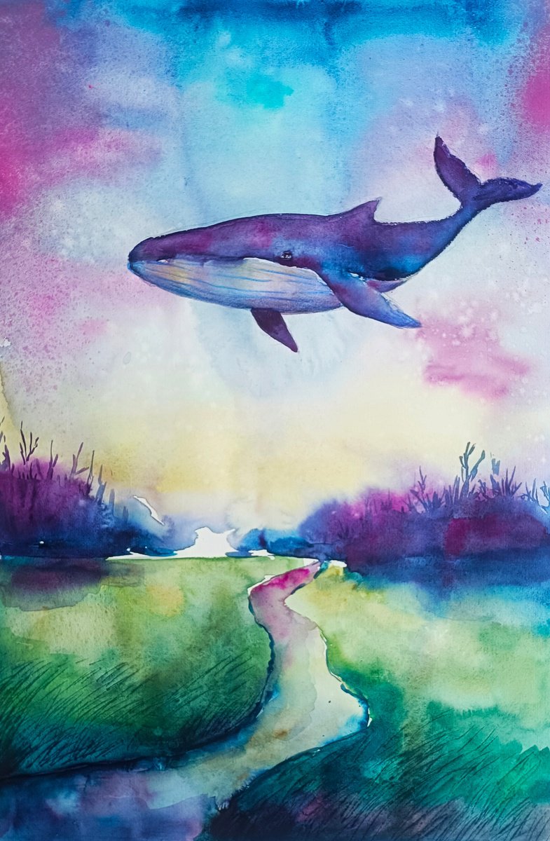 Surrealistic Landscape Watercolour By Evgenia Smirnova, 15 X 22, Twilight Voyager, Original Artwork