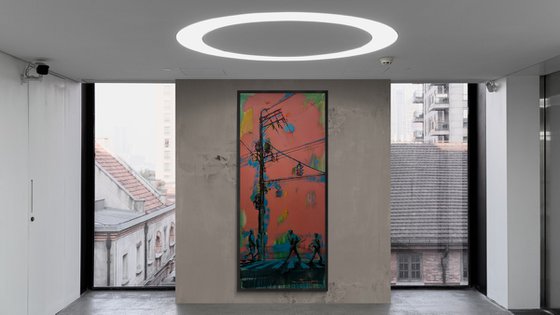 Huge XXL Painting - "Pink city" - Cityscape - Urban Art - Pop Art - People - Street scene