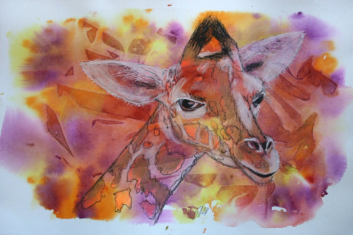 Animal Drawing By Salana Art / Svetlana Samovarova, 17 X 12", Baby Giraffe, Original Artwork