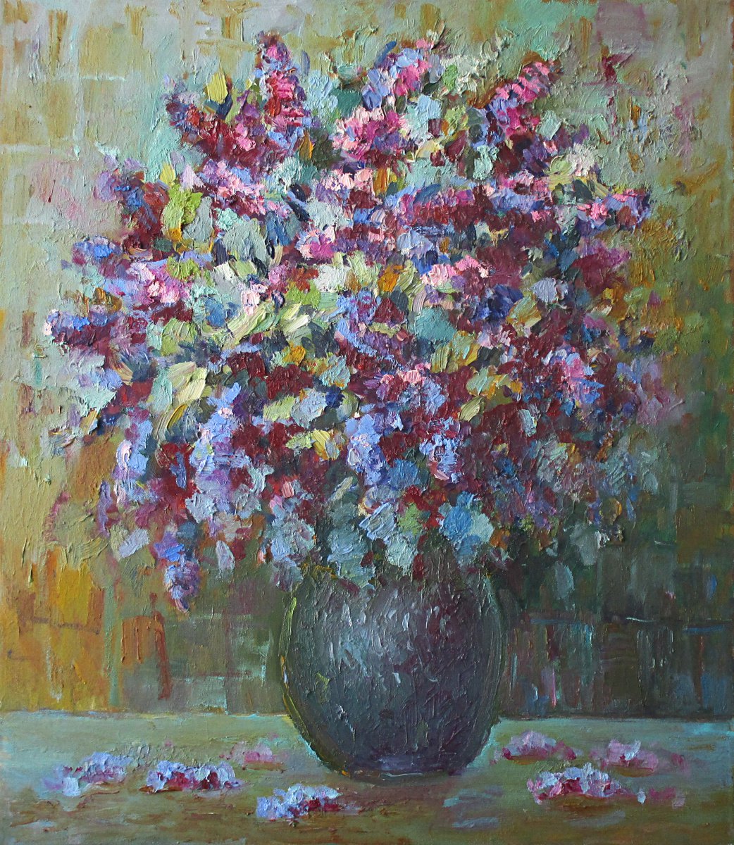Impressionistic Botanical Oil Painting By Liudvikas Daugirdas, 24 X 28", Lilacs In The Vase, Original Artwork