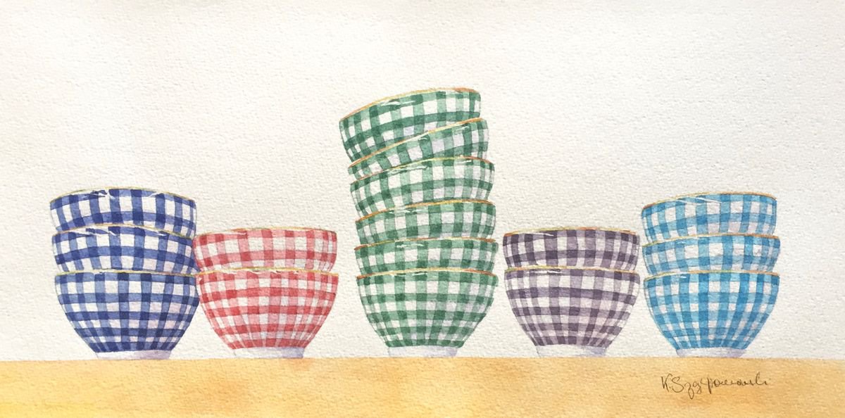 Chequered bowls in a row by Krystyna Szczepanowski