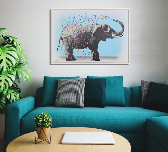 Naughty Elephants Squirt Paint - Banksy / Street Art Style Vibrant and Playful Graffiti Artwork on Canvas