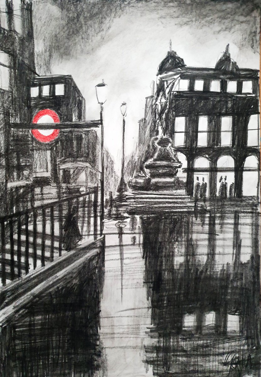 Impressionistic Cityscapes Pencil Drawing By Nicolas Goia, 12 X 17", Piccadilly At Night, Original Artwork