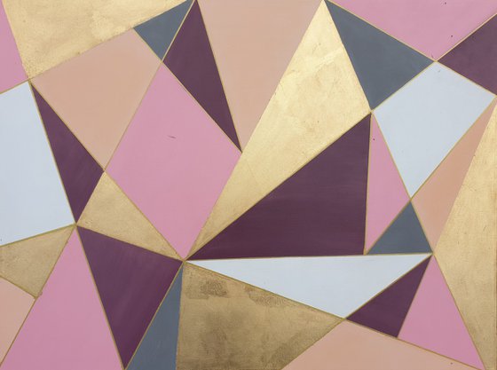 Large Geometric Modern Painting with Gold Leaf Contemporary Artwork Pink Beige Gray Golden Painting