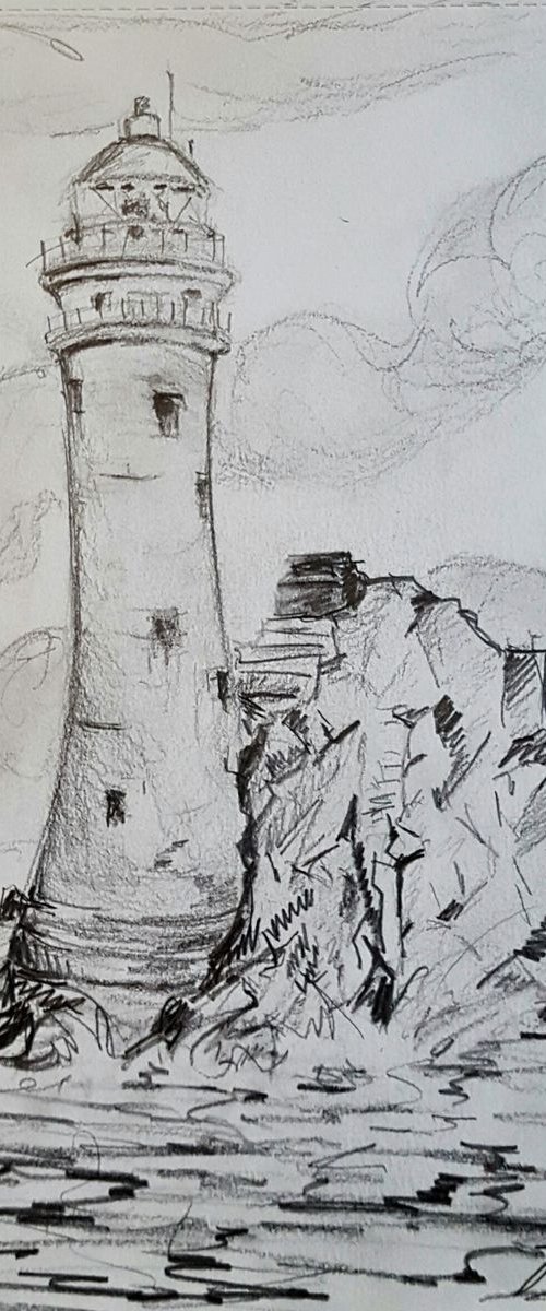 The Fastnet Lighthouse,Cork Ireland - a pencil study Drawing on 360g paper by Niki Purcell