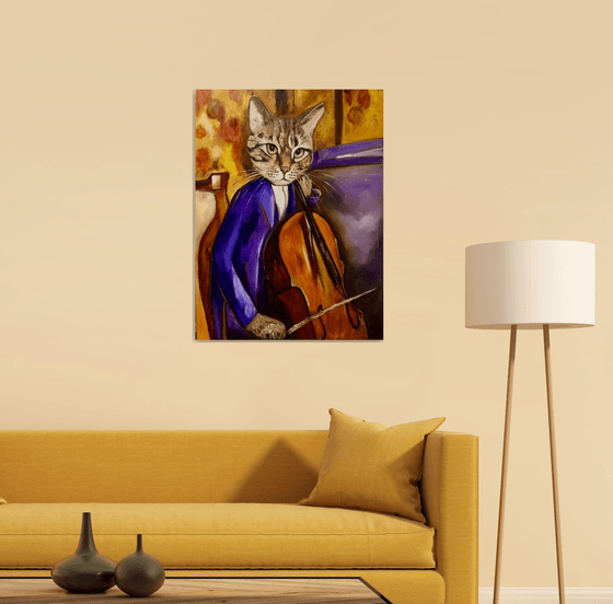 Cat Cellist inspired by Amedeo Modigliani.FELINE ART FOR CAT LOVERS GIFT IDEA