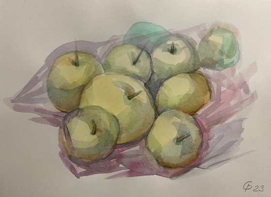 First apples 2023, fruit painting, original