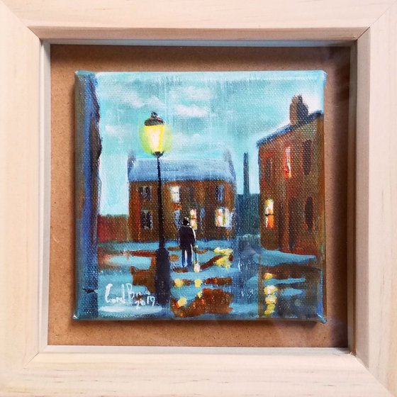 Framed rainy day painting, walking home