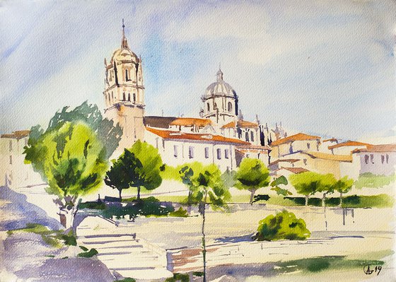 Cathedral. Salamanca, Spain. Original watercolor. SMALL FORMAT CITY URBAN MUTED COLORS SUN WARM architecture travel trip