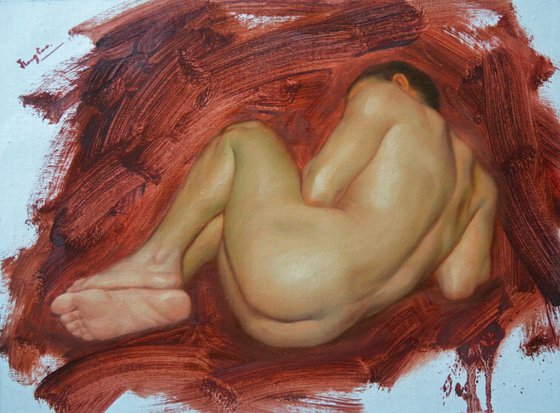 Original Oil paintingl art male nude boy  on linen  #16-4-18-09