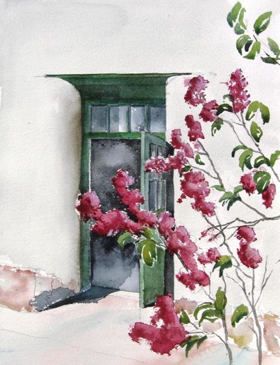 Green Door Lilacs - Original Watercolor Painting by CHARLES ASH