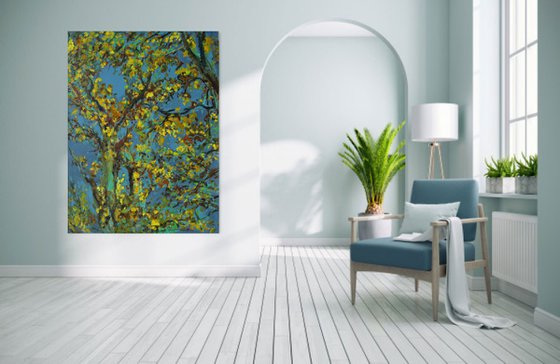 AUTUMN RHAPSODY. RELICT FOREST IN SAMUR - XXL large original painting, oil on canvas,  plants trees, blue yellow, ecology, love, landscape, impressionism,  interior art