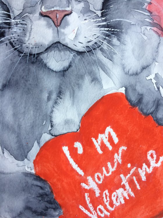 Valentine Cat portrait  with red heart - Funny gift idea for animal lover - I'm your Valentine