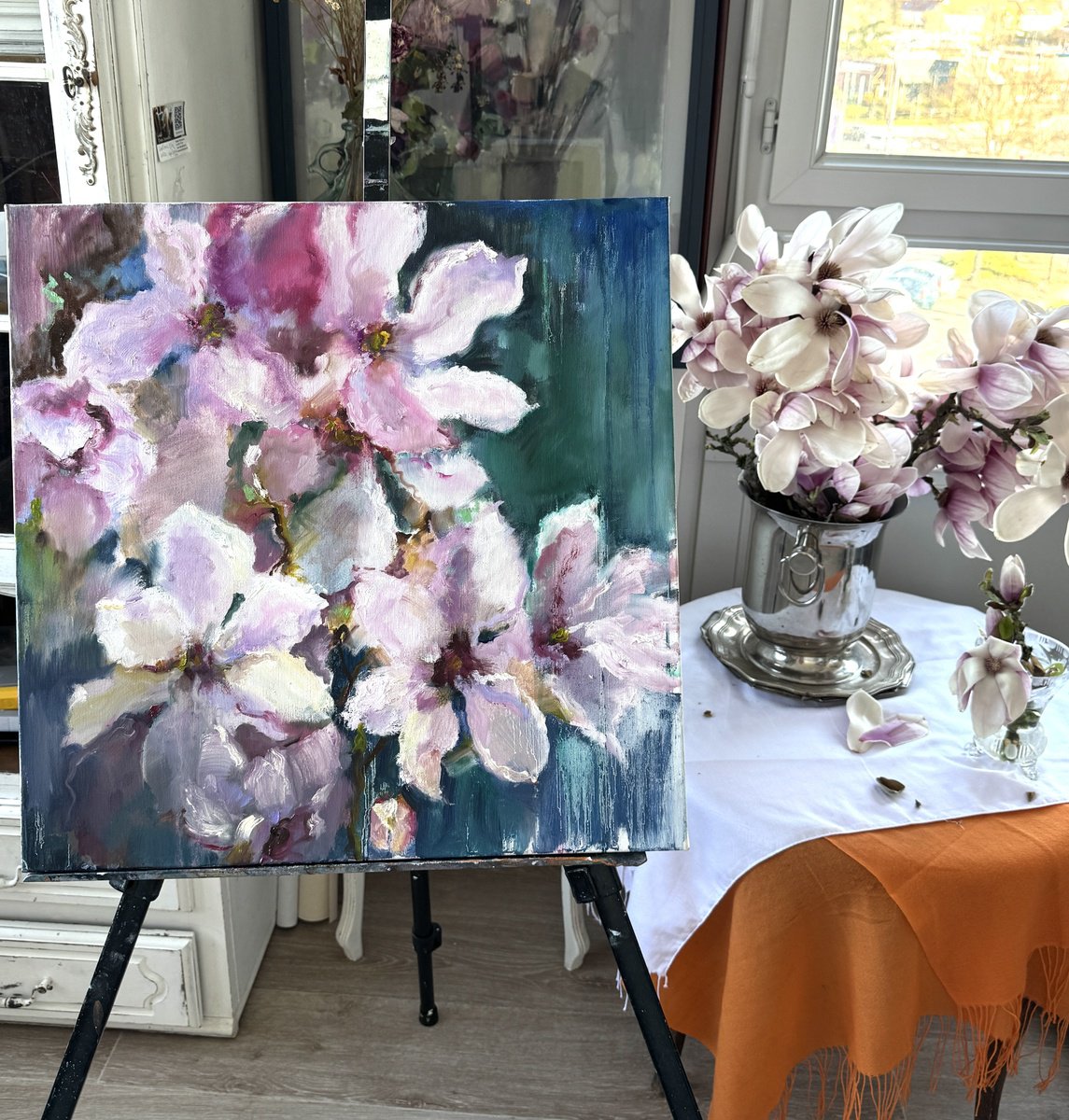 Abstract Botanical Oil Painting By Olha Laptieva, 20 X 20", Pink Happiness. Magnolias, Original Artwork