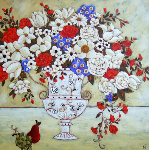 Blooms with Ivory Vase and Pear by Karen Rieger