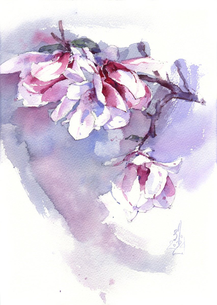 Impressionistic Botanical Watercolour By Ksenia Selianko, 8 X 12", "Melody Of Pink Magnolias" V.2, Original Artwork